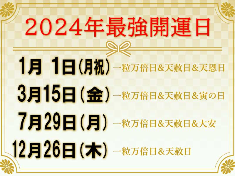 2024年の最強開運日は、1月1日(月祝)、3月15日(金)、7月29日(月)、12月26日(木)です。