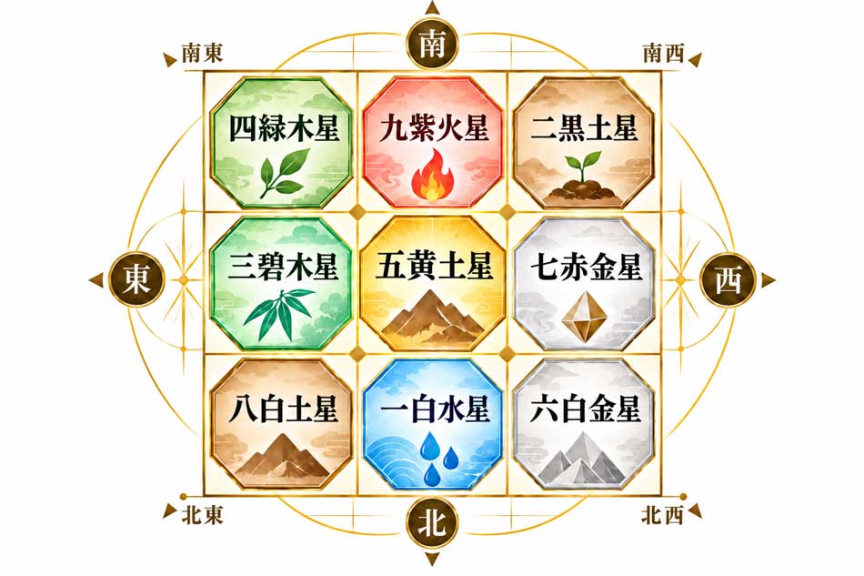 五黄土星を中心にした九星気学の図