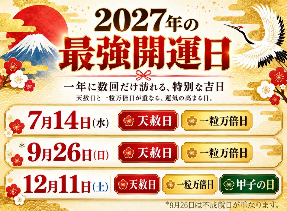 2027年の最強開運日は7月14日・9月26日・12月11日